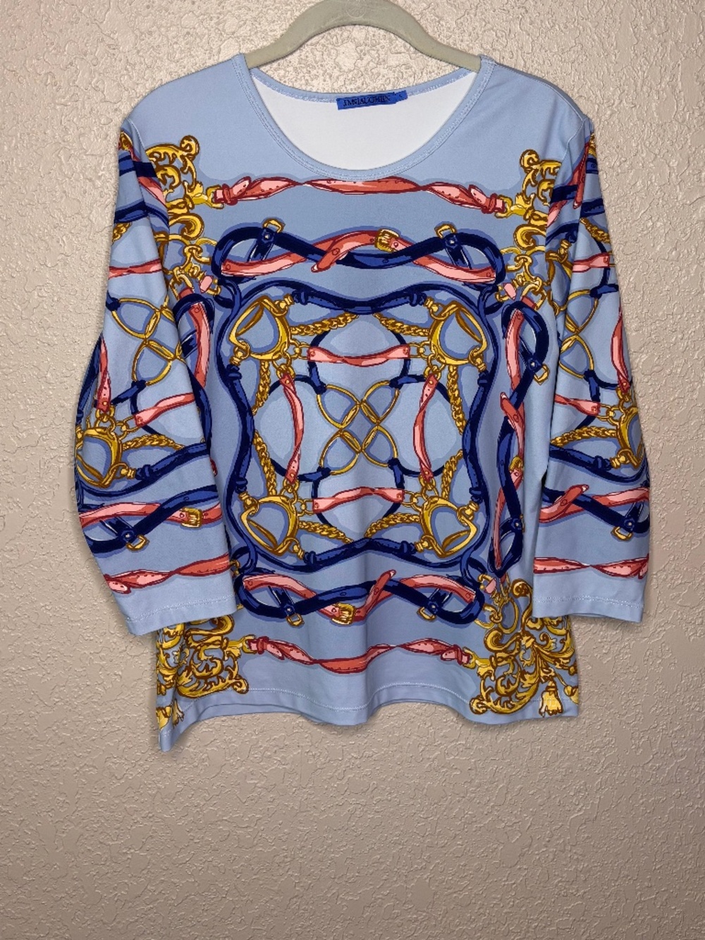 J. McLaughlin Blue Pink Gold Equestrian Print Catalina Cloth Top Women's Size L - Picture 4 of 9